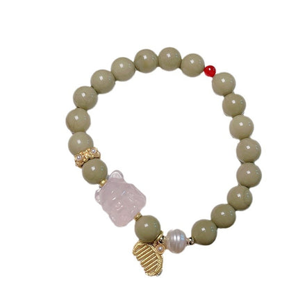 Natural Alashan Avocado Green Bead Bracelet Chinese Design Pink Crystal Love Cat Head Nine-tailed Fox Bracelet