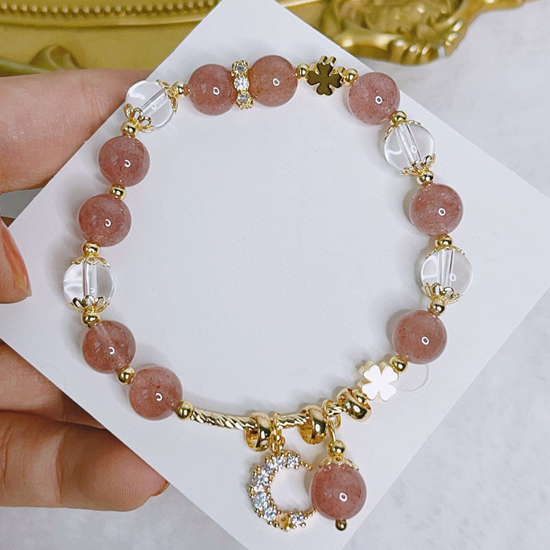 Strawberry Crystal Moon Bracelet with Micro-Inlaid Zirconia