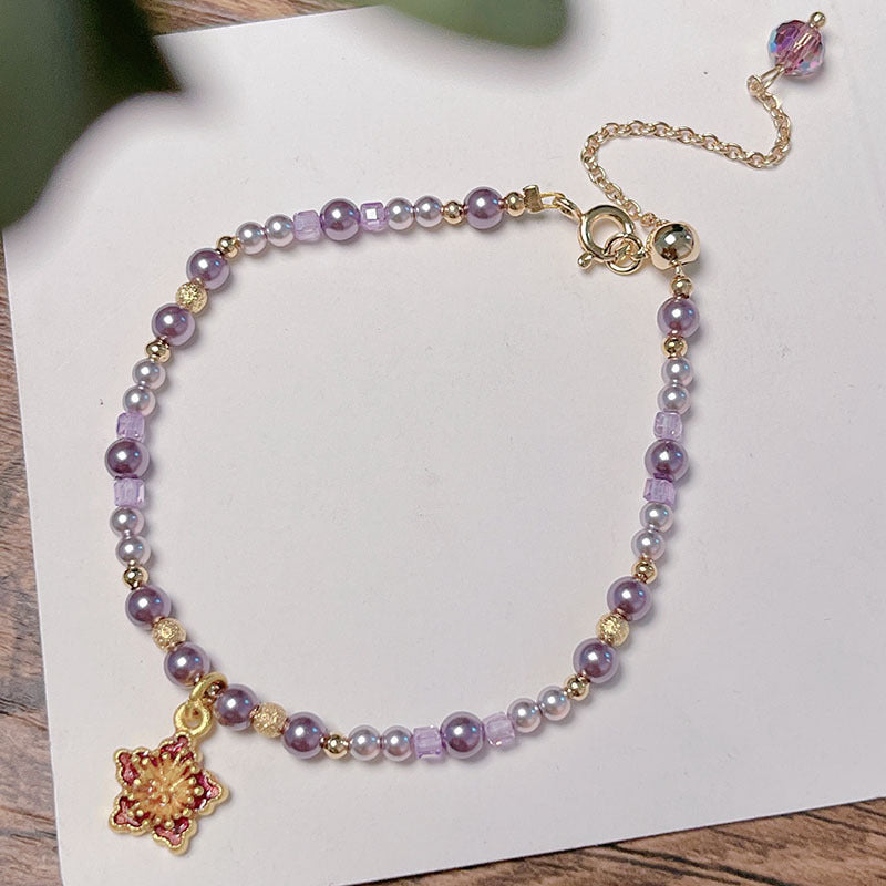 French Vintage Beaded Bracelet with Delicate Oil Droplet Flowers and Tulip Lucky Pendant for Girls