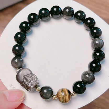 Natural Silver Obsidian Bracelet with Lion Head Pi Xiu Couple Bracelet