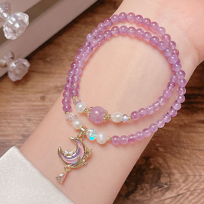 Double Circle Amethyst Crystal Bracelet with Moon Heart Pendant