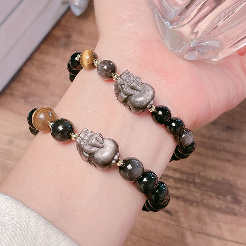 Natural Silver Obsidian Bracelet with Lion Head Pi Xiu Couple Bracelet