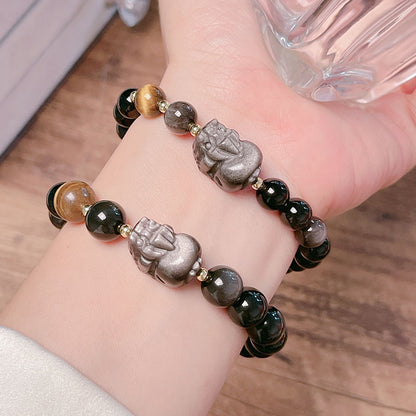 Natural Silver Obsidian Bracelet with Lion Head Pi Xiu Couple Bracelet