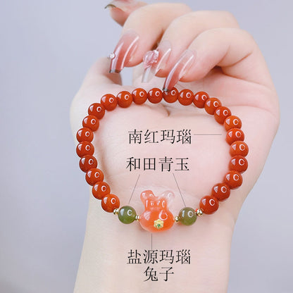 Red Agate Rabbit Pendant Bracelet and Hetian Jade Prosperity Flower Bracelet Set