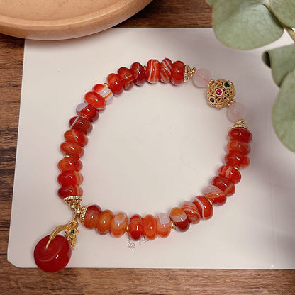 Natural Agate Wheel Bead Bracelet Ethnic Style Vintage Red Agate Safety Buckle Bamboo Pendant Bracelet Bead String