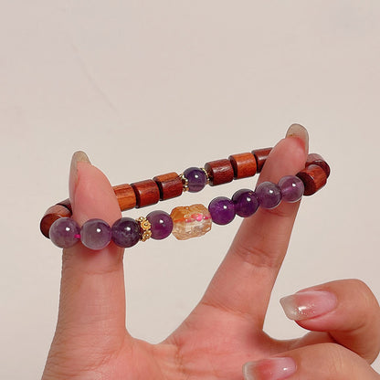 Vintage Chinese Wood Bead Bracelet with Gold Thread and Amethyst Crystal