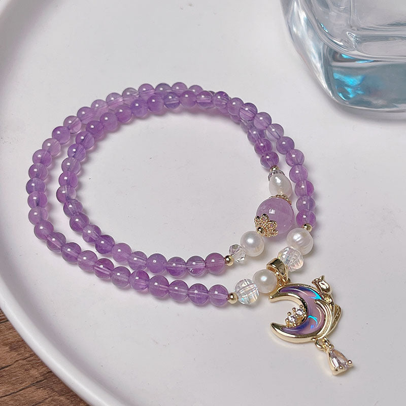 Double Circle Amethyst Crystal Bracelet with Moon Heart Pendant