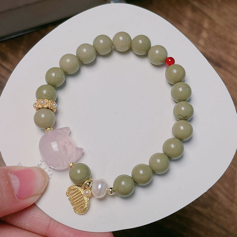 Natural Alashan Avocado Green Bead Bracelet Chinese Design Pink Crystal Love Cat Head Nine-tailed Fox Bracelet