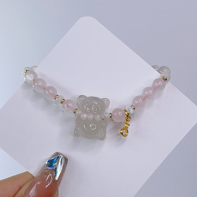 Handmade Rope Design White Agate Rabbit Bear Bracelet Green Strawberry Crystal Pink Crystal Bead Pull Bracelet