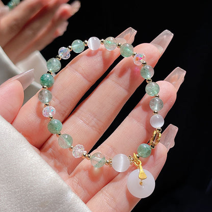 Gray Moonstone Good Luck Bracelet with Green Strawberry Crystal Safety Buckle Blessing Pendant Unisex Jewelry