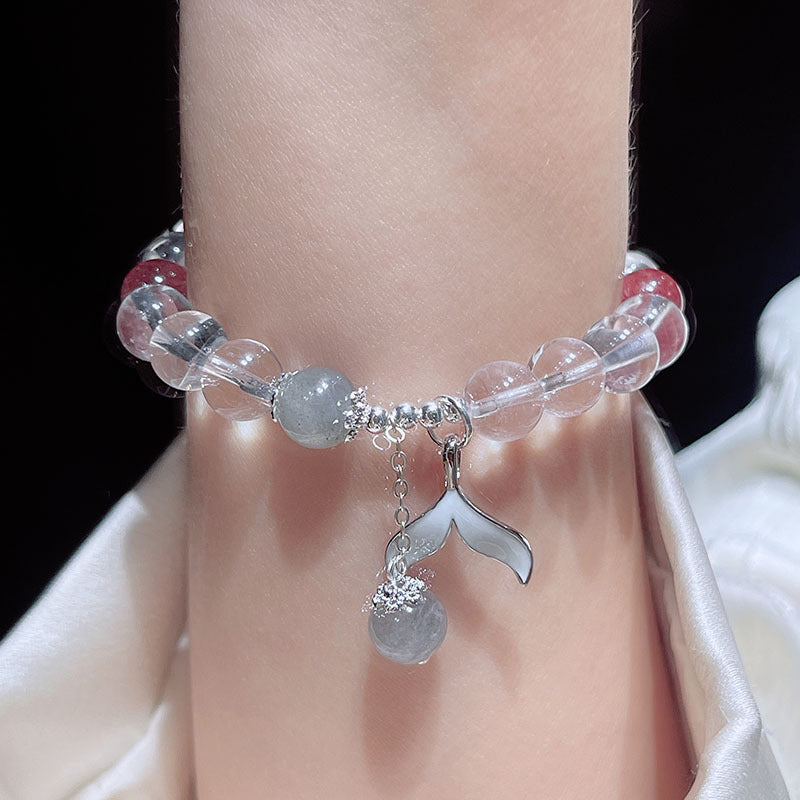 Natural White Crystal Beaded Bracelet with Silver Moon, Fish Tail, Flower Pendant