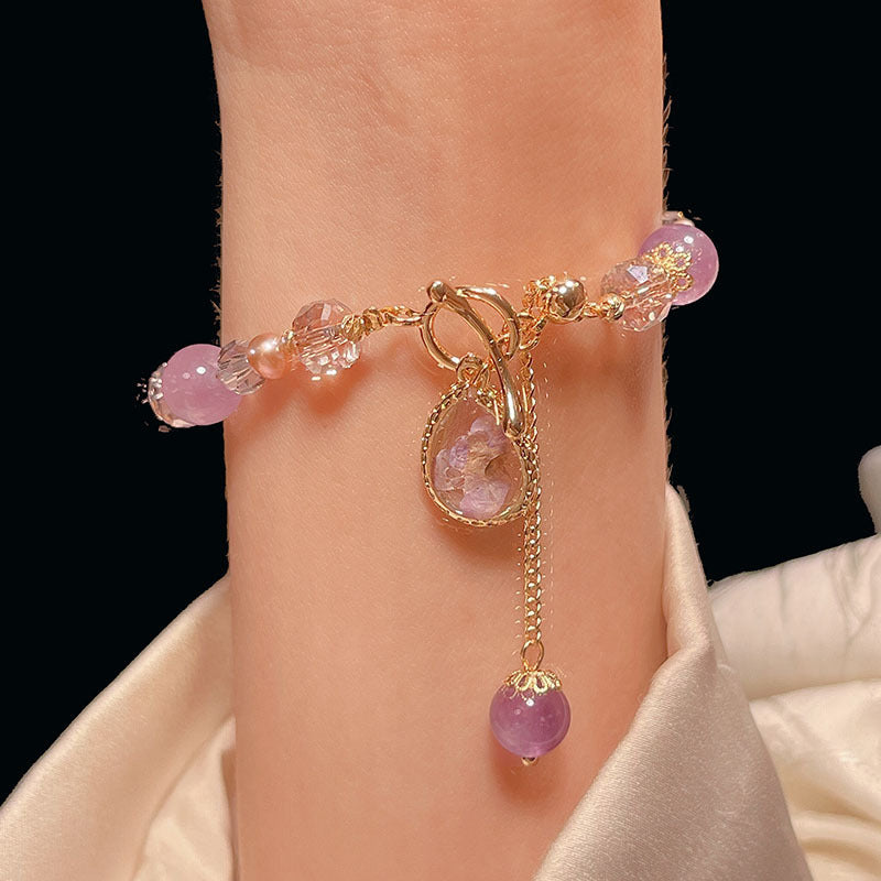 Pink Crystal Pearl Heart Butterfly Pendant Bracelet