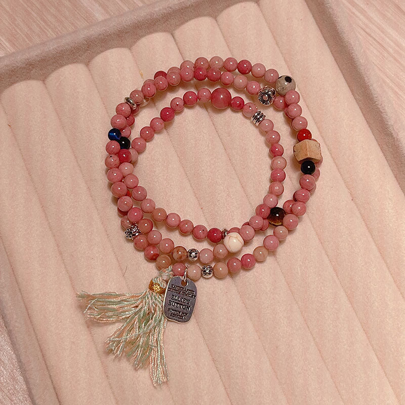 Chinese Style Beaded Triple-layer Bracelet with Shoushan Stone, Picture Stone, Red Vein Stone Tassel Bracelet