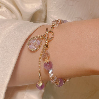 Pink Crystal Pearl Heart Butterfly Pendant Bracelet