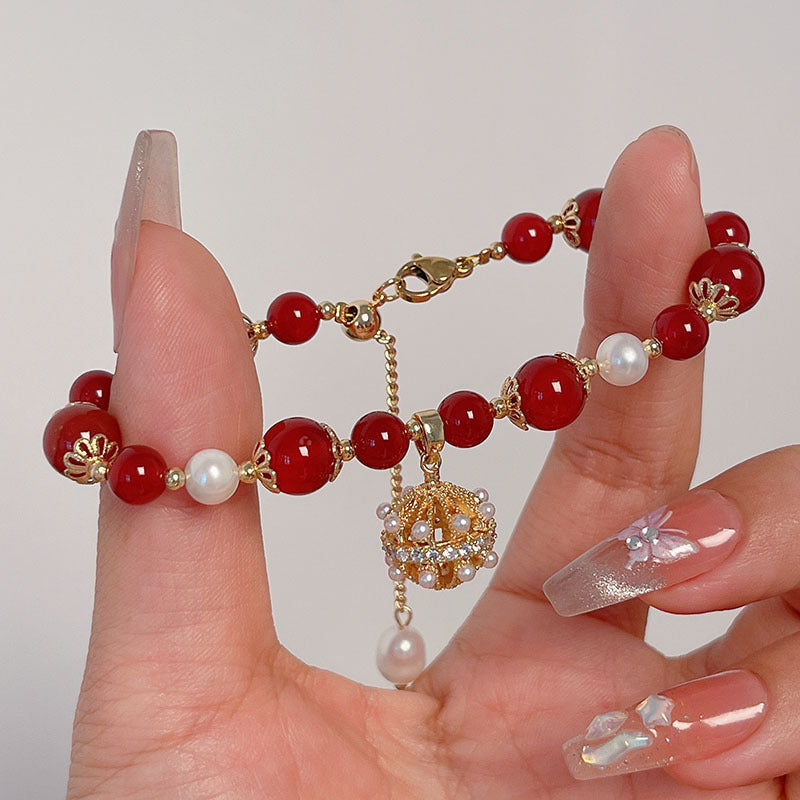 New Year Pearl Design Red Agate Bracelet Lucky Grass Bellflower Five Road God of Wealth Bracelet