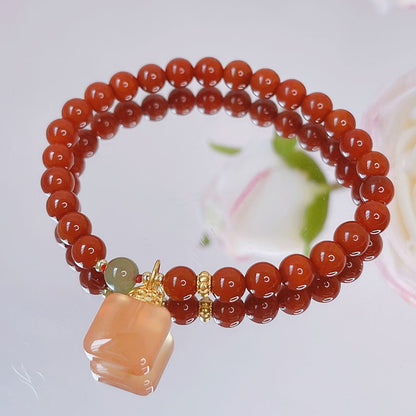 Red Agate Rabbit Pendant Bracelet and Hetian Jade Prosperity Flower Bracelet Set