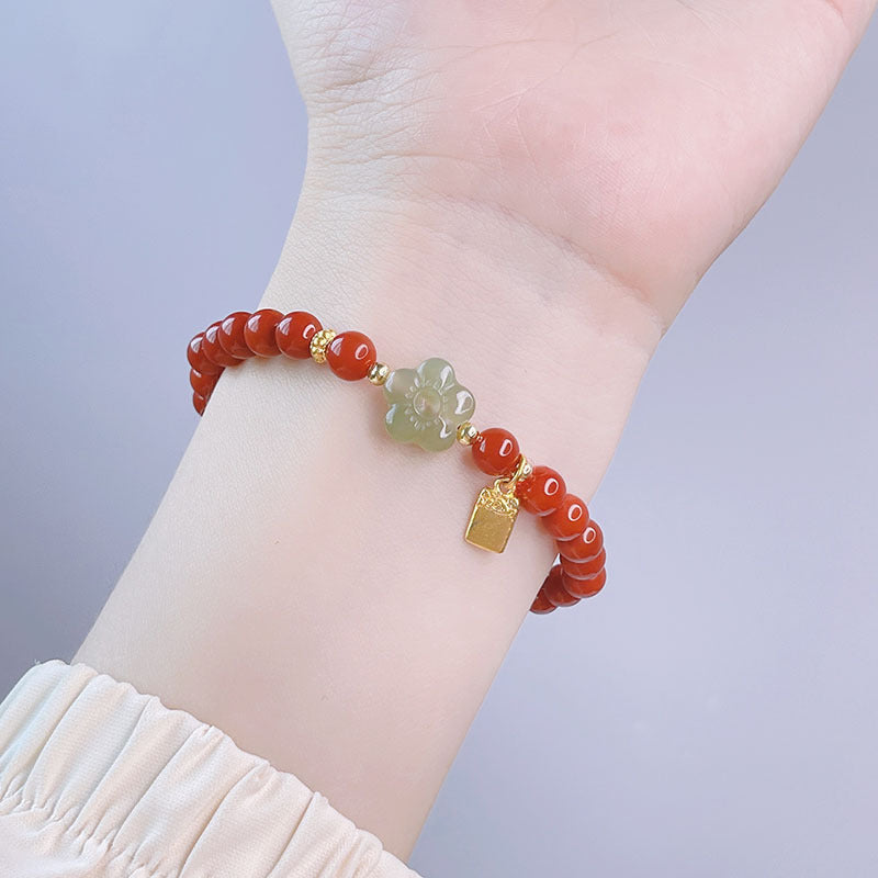 Red Agate Rabbit Pendant Bracelet and Hetian Jade Prosperity Flower Bracelet Set