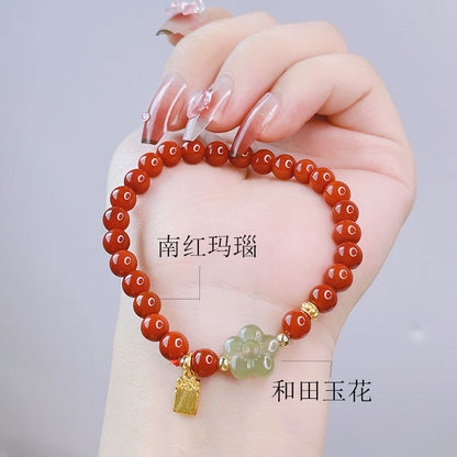 Red Agate Rabbit Pendant Bracelet and Hetian Jade Prosperity Flower Bracelet Set