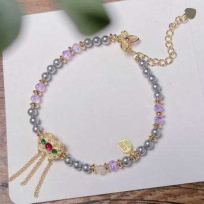 French Vintage Beaded Bracelet with Delicate Oil Droplet Flowers and Tulip Lucky Pendant for Girls