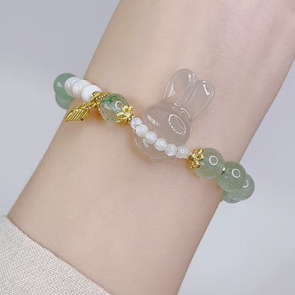 Handmade Rope Design White Agate Rabbit Bear Bracelet Green Strawberry Crystal Pink Crystal Bead Pull Bracelet