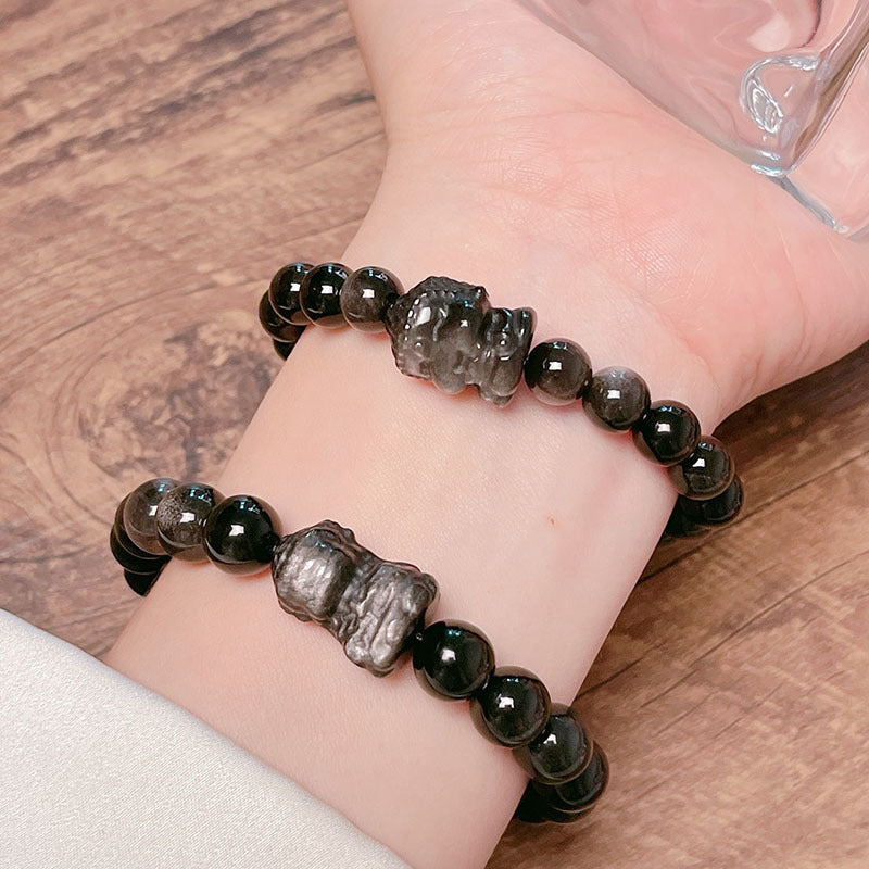 Natural Silver Obsidian Carved Lucky Carp Bracelet