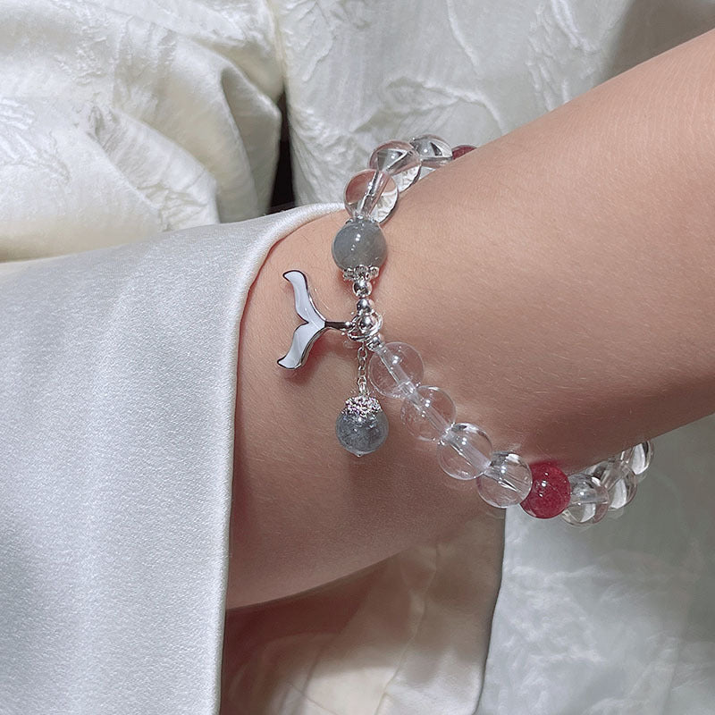 Natural White Crystal Beaded Bracelet with Silver Moon, Fish Tail, Flower Pendant