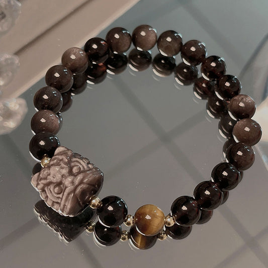 Natural Silver Obsidian Bracelet with Lion Head Pi Xiu Couple Bracelet