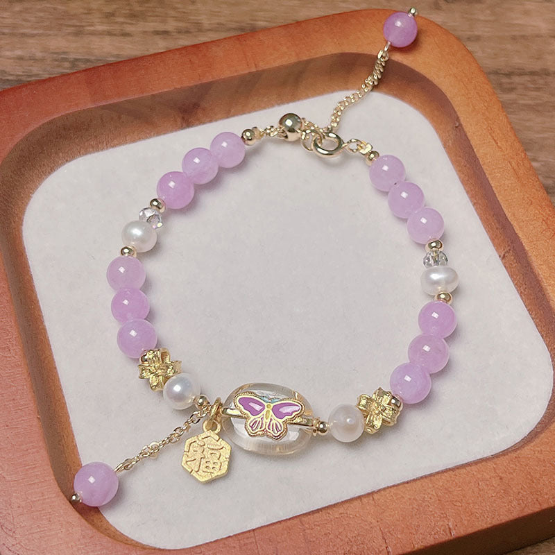 Original Design Pink and Purple Lucky Butterfly Natural Stone Freshwater Pearl Bracelet