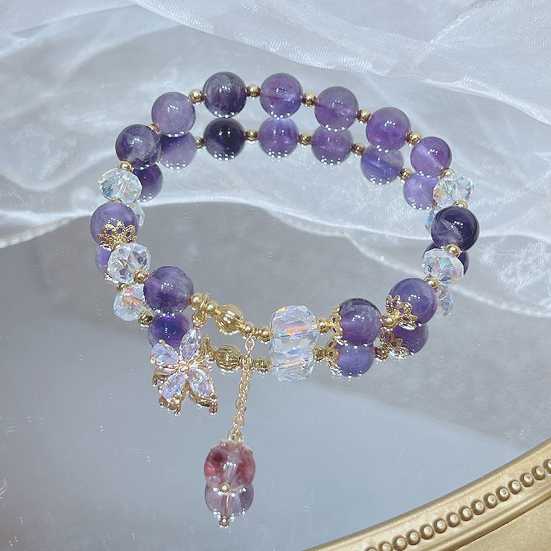 Summer New Purple Crystal Butterfly Bracelet Sweet ins Small Design Natural Strawberry Crystal Butterfly Pendant Bracelet Female