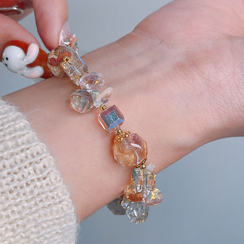 Colorful Beryl Bracelet with Metal Weaving and Zircon Butterfly