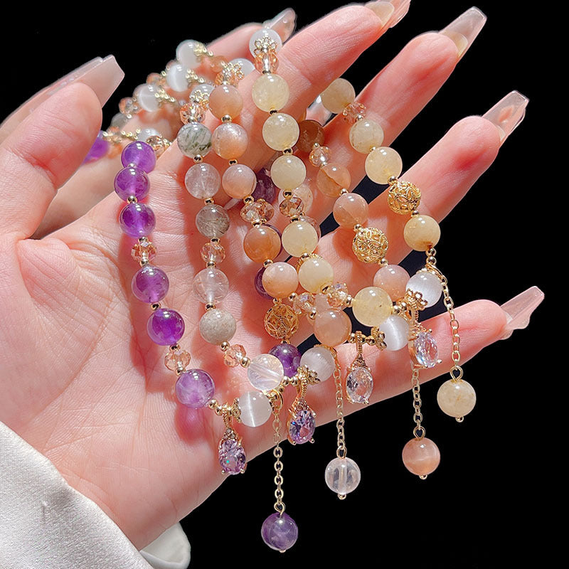 Orange Sunstone Natural Stone Bracelet with Purple Crystal