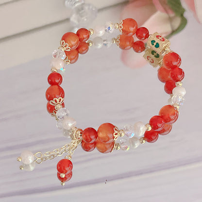 Pumpkin Red Agate Bracelet Chinese Style Beaded Stackable Accessory Gift Jewelry