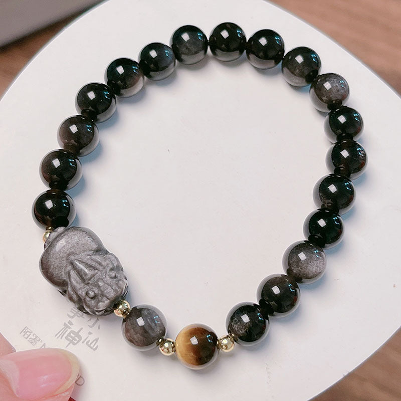 Natural Silver Obsidian Bracelet with Lion Head Pi Xiu Couple Bracelet