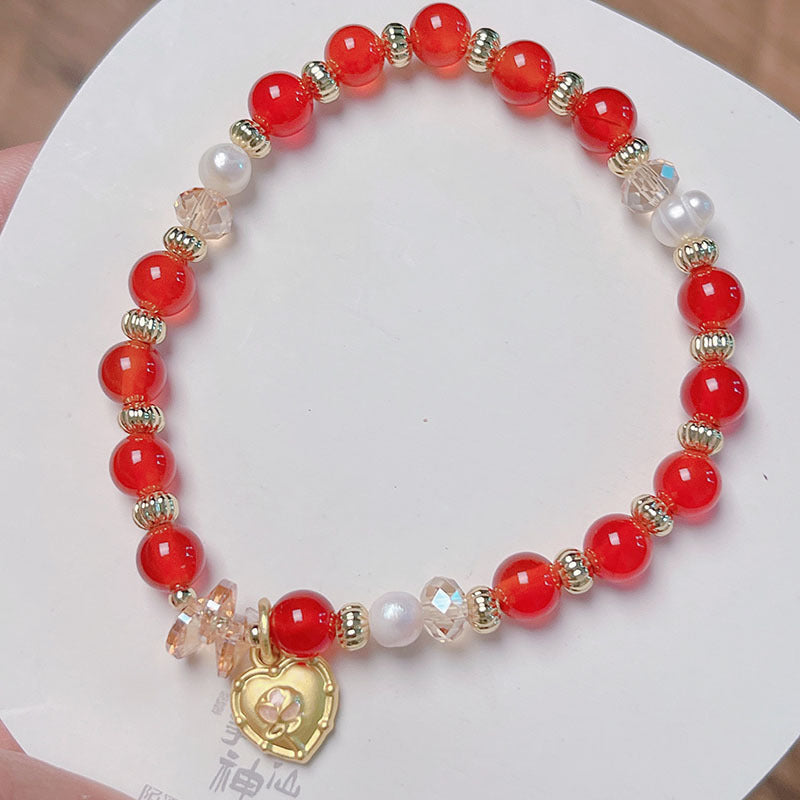 Pumpkin Red Agate Bracelet Chinese Style Beaded Stackable Accessory Gift Jewelry