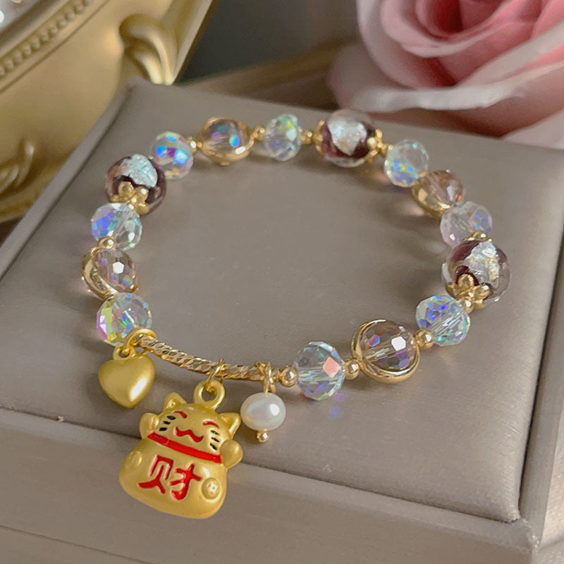 Colorful Beryl Bracelet with Metal Weaving and Zircon Butterfly