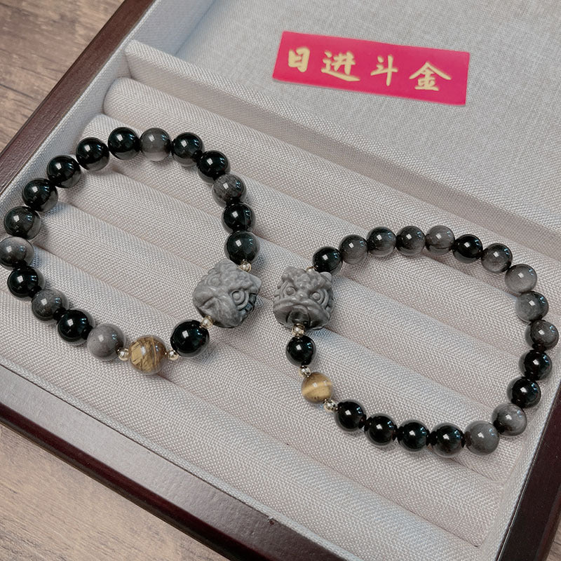 Natural Silver Obsidian Bracelet with Lion Head Pi Xiu Couple Bracelet