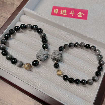 Natural Silver Obsidian Bracelet with Lion Head Pi Xiu Couple Bracelet