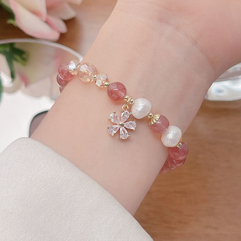 Minimalist Flower Bracelet with Crystal Strawberry Quartz and Citrine Beads