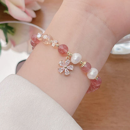 Minimalist Flower Bracelet with Crystal Strawberry Quartz and Citrine Beads