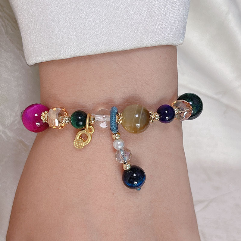 Lucky Tiger Eye Stone Bracelet with Folk Style Cloud and Flower Pendant