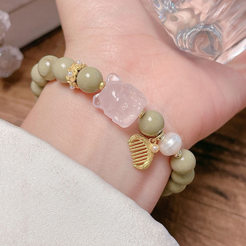 Natural Alashan Avocado Green Bead Bracelet Chinese Design Pink Crystal Love Cat Head Nine-tailed Fox Bracelet