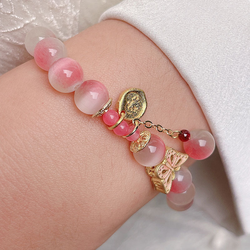 Fairy Pink Gradient Cat Eye Stone Bracelet Women INS Simple Design Peach Butterfly High-end Sense Bestie Accessory