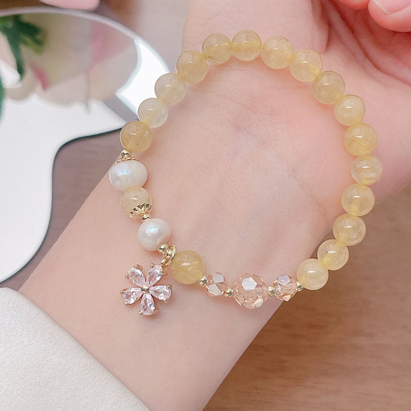 Minimalist Flower Bracelet with Crystal Strawberry Quartz and Citrine Beads