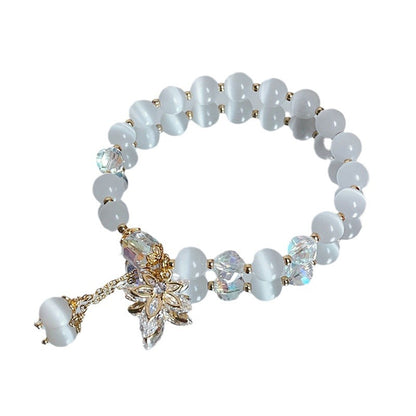 Cat Eye Stone Bracelet with Crystal Leaf Pendant