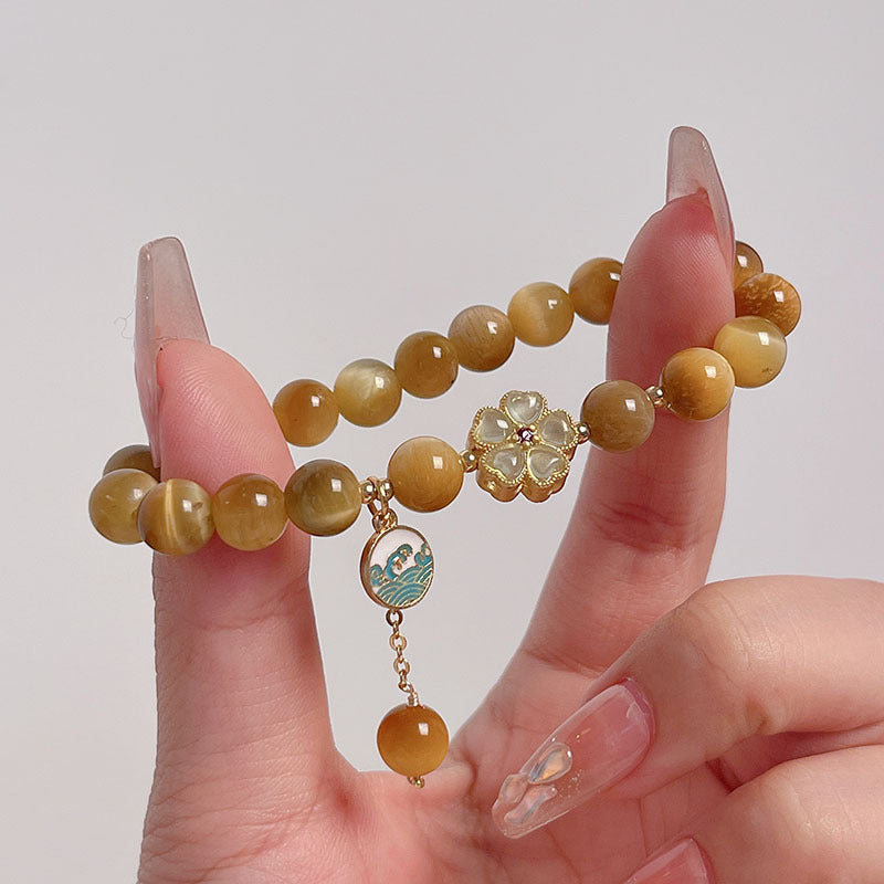 Lucky Tiger Eye Stone Bracelet with Folk Style Cloud and Flower Pendant