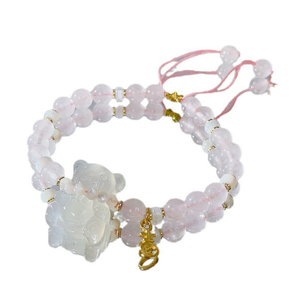 Handmade Rope Design White Agate Rabbit Bear Bracelet Green Strawberry Crystal Pink Crystal Bead Pull Bracelet