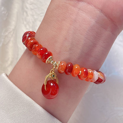 Natural Agate Wheel Bead Bracelet Ethnic Style Vintage Red Agate Safety Buckle Bamboo Pendant Bracelet Bead String