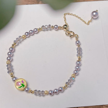 French Vintage Beaded Bracelet with Delicate Oil Droplet Flowers and Tulip Lucky Pendant for Girls