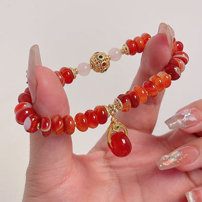 Natural Agate Wheel Bead Bracelet Ethnic Style Vintage Red Agate Safety Buckle Bamboo Pendant Bracelet Bead String