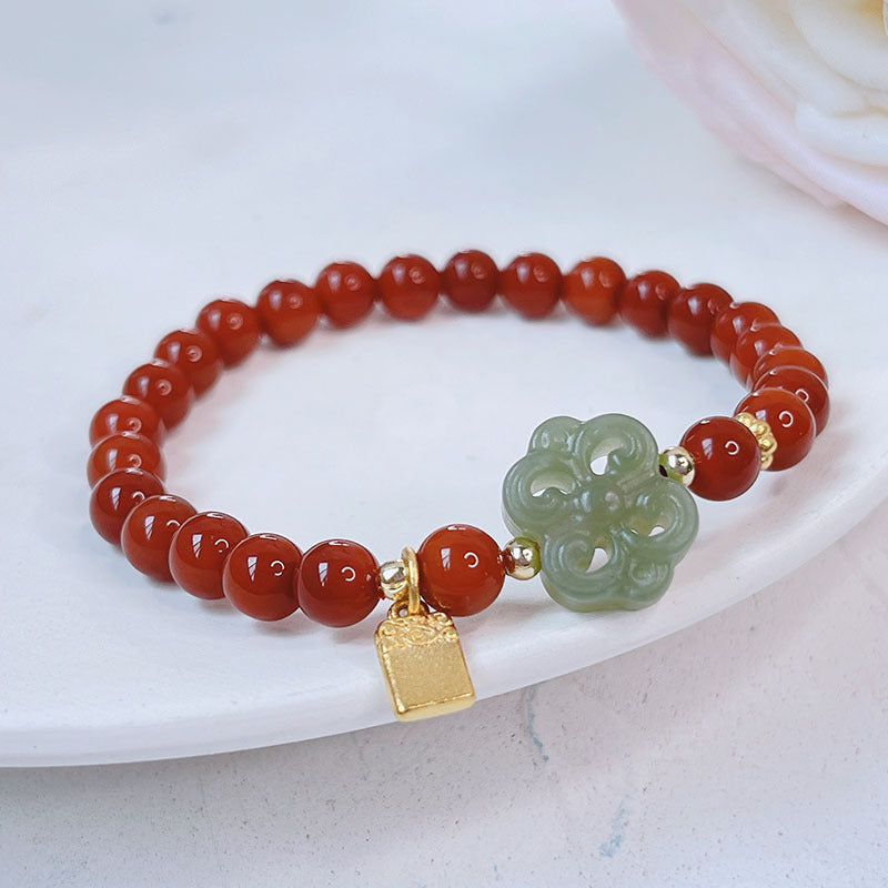 Red Agate Rabbit Pendant Bracelet and Hetian Jade Prosperity Flower Bracelet Set